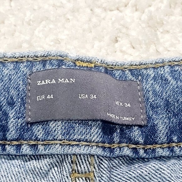 Zara Man Jeans Men 34 Blue Slim Tapered Distressed Embroidered Patchwork Denim - Picture 2 of 16